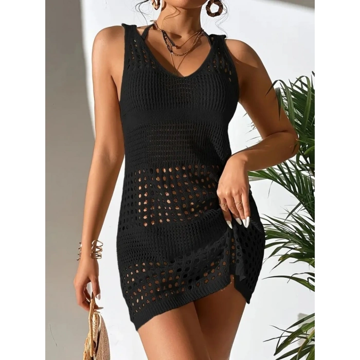 Kadın Kolsuz Delikli örgü Detay Mini Triko Pareo Elbise