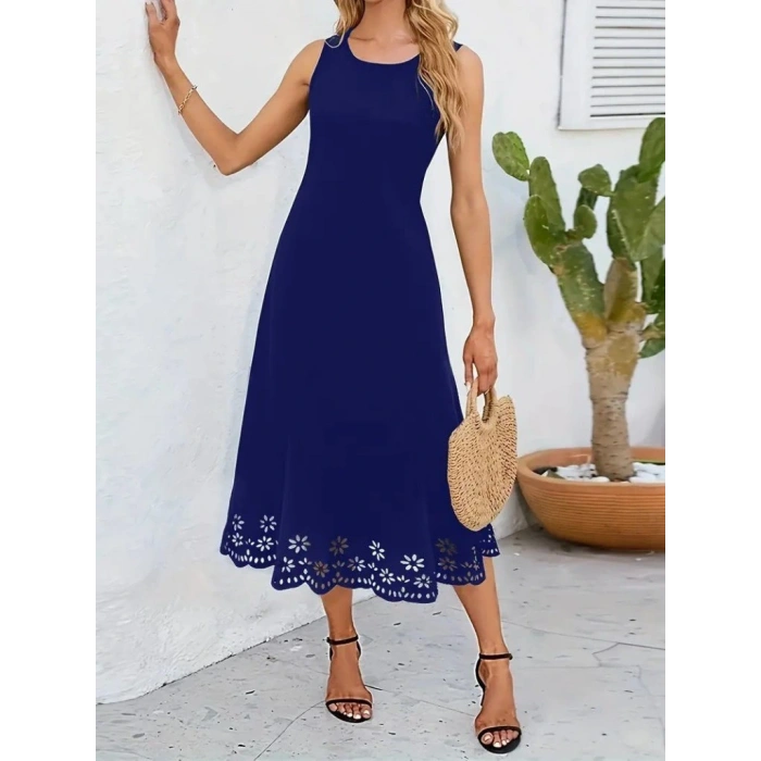 Kadın Kolsuz Etek Ucu Lazer Kesim çiçek Desenli Midi Boy Ithal Krep Elbise