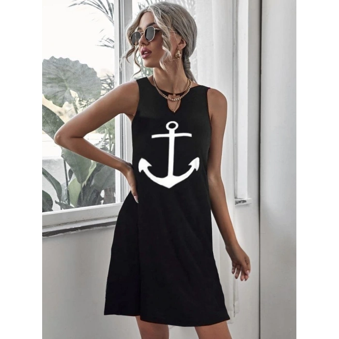 Kadın Kolsuz Halka Detay çıpa Baskılı Viskon Elbise