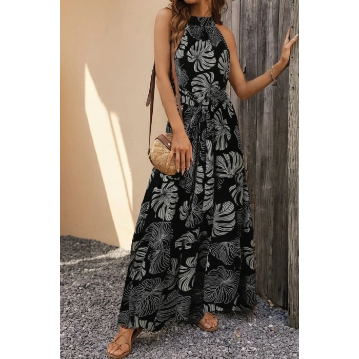 Kadın Kolsuz Halter Yaka Beli Lastikliotantik Desenli Mikro Kumaş Elbise