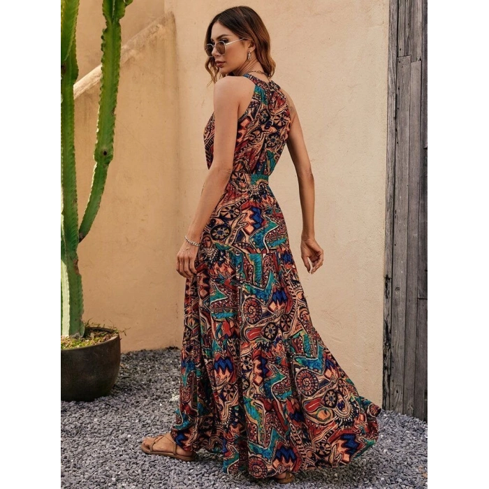 Kadın Kolsuz Halter Yaka Beli Lastikliotantik Desenli Mikro Kumaş Elbise