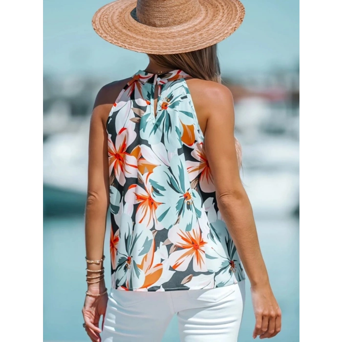 Kadın Kolsuz Halter Yaka Desenli Bluz