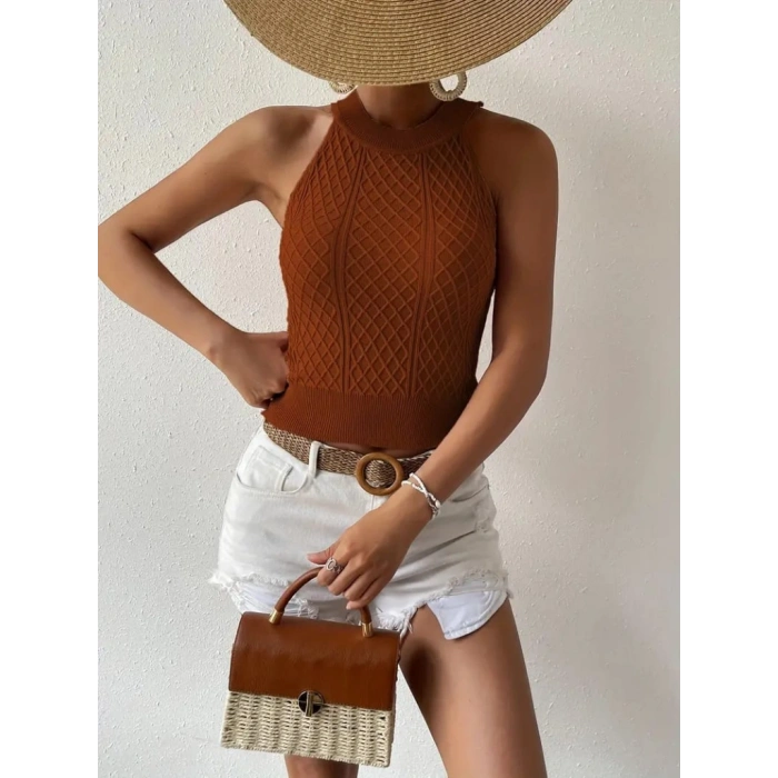 Kadın Kolsuz Halter Yaka Mini Baklava Desenli Triko Bluz