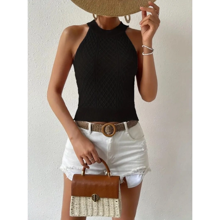 Kadın Kolsuz Halter Yaka Mini Baklava Desenli Triko Bluz