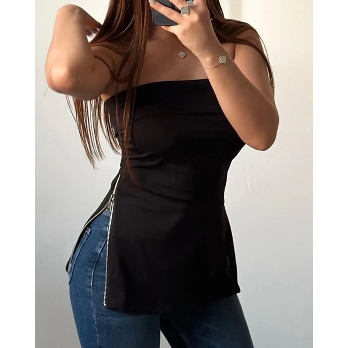 Kadın Kolsuz Iki Yanı Fermuarlı Straplez Dalgıç Bluz