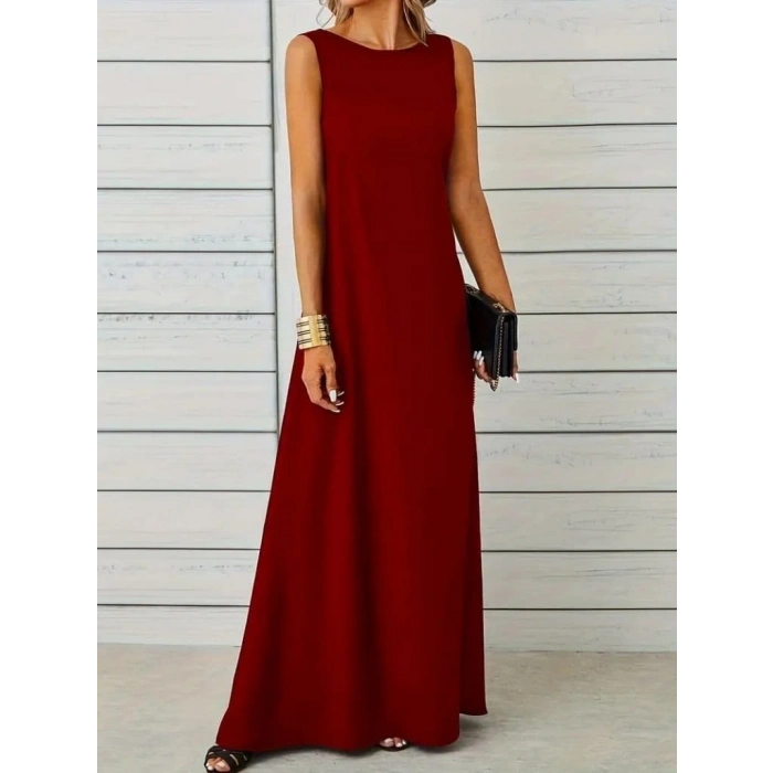 Kadın Kolsuz Kayık Yaka Maksi Janjan Krep Elbise