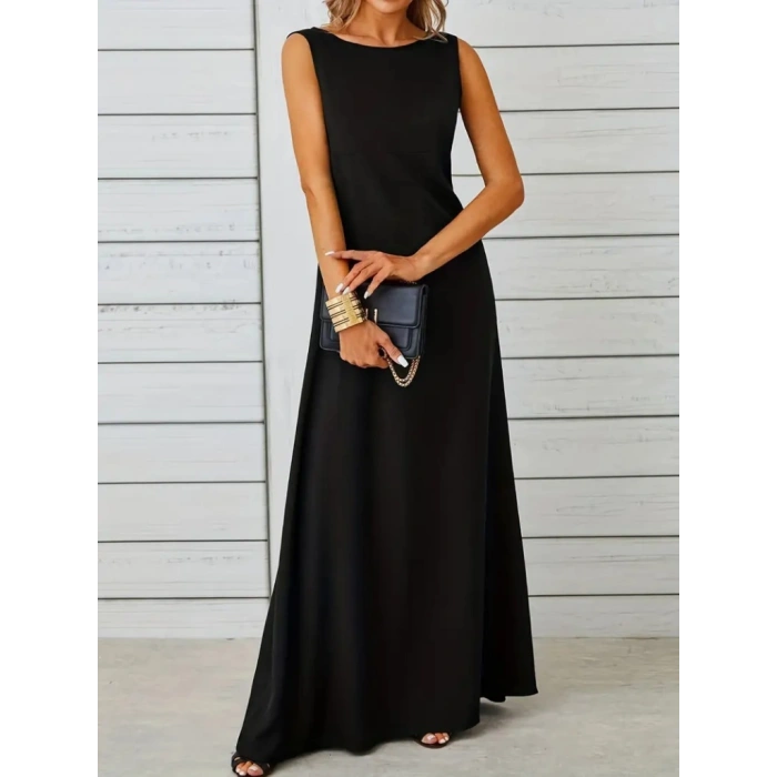 Kadın Kolsuz Kayık Yaka Maksi Janjan Krep Elbise