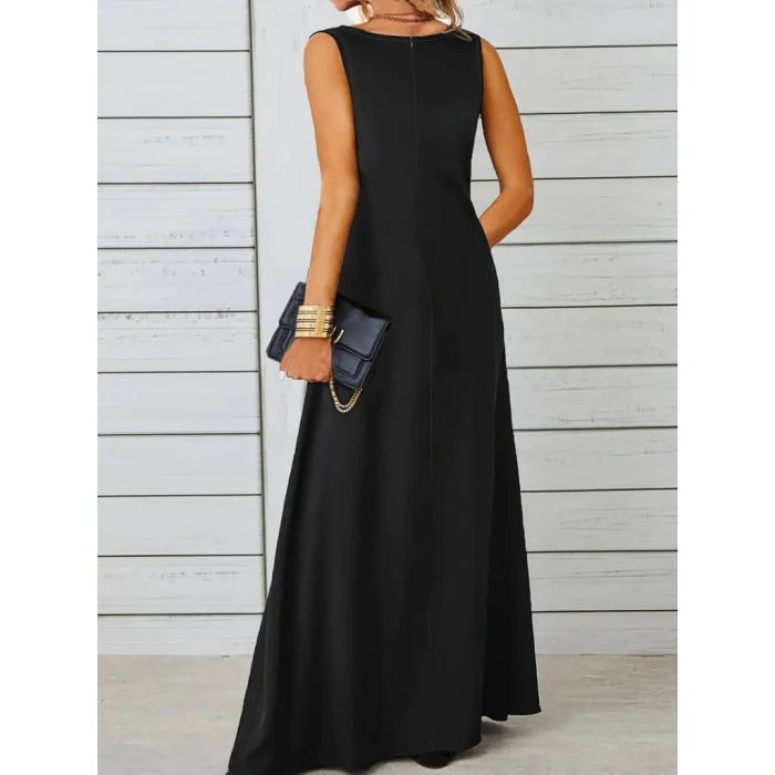 Kadın Kolsuz Kayık Yaka Maksi Janjan Krep Elbise