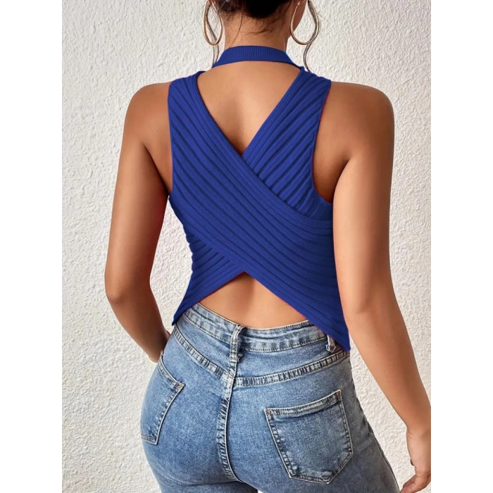 Kadın Kolsuz Sırt çapraz Detay Triko Bluz