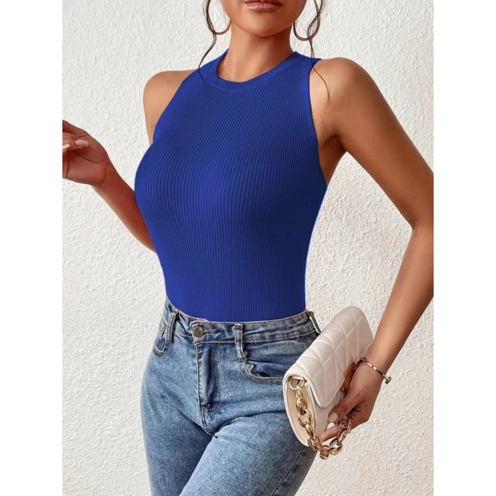 Kadın Kolsuz Sırt çapraz Detay Triko Bluz