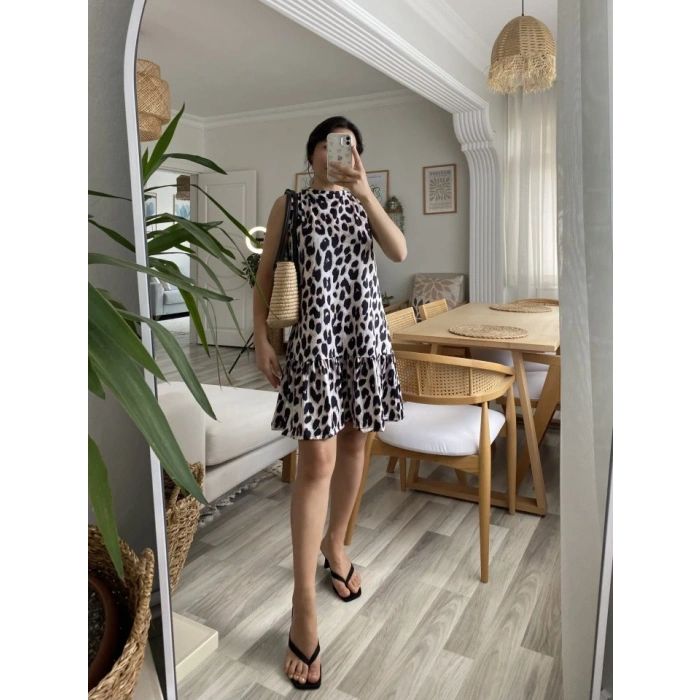 Kadın Kolsuz Sırttan Bağlamalı Fırfırlı Leopar Desenli Süprem Elbise