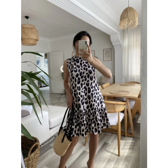 Kadın Kolsuz Sırttan Bağlamalı Fırfırlı Leopar Desenli Süprem Elbise