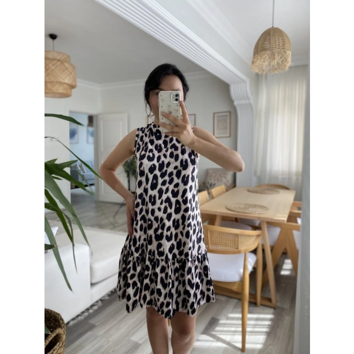 Kadın Kolsuz Sırttan Bağlamalı Fırfırlı Leopar Desenli Süprem Elbise