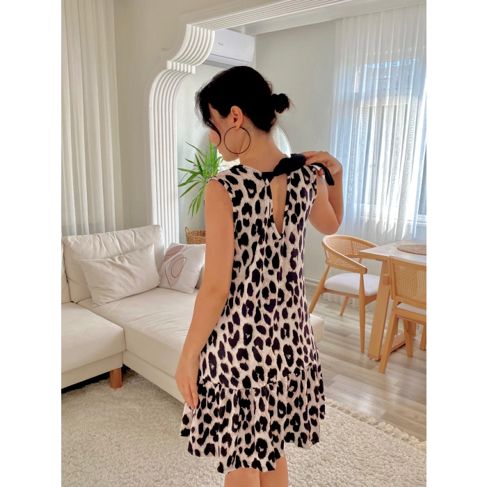 Kadın Kolsuz Sırttan Bağlamalı Fırfırlı Leopar Desenli Süprem Elbise