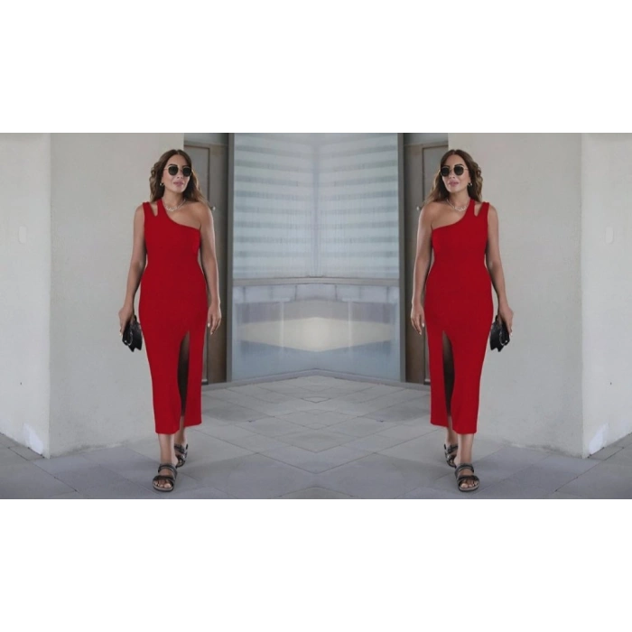 Kadın Kolsuz Tek Omuz Damla Detay JanJan Krep Elbise