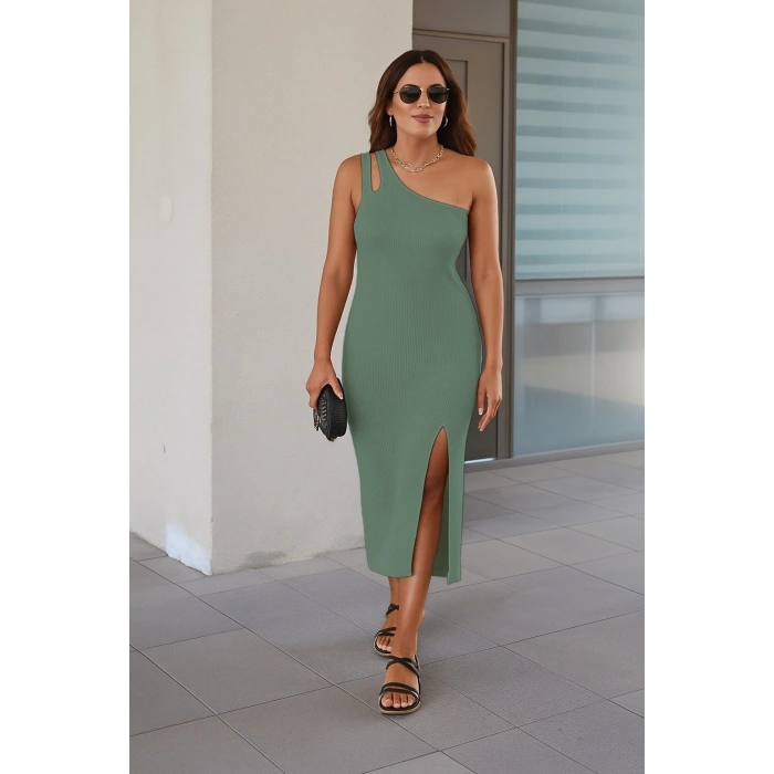 Kadın Kolsuz Tek Omuz Damla Detay Ottoman Kumaş Elbise