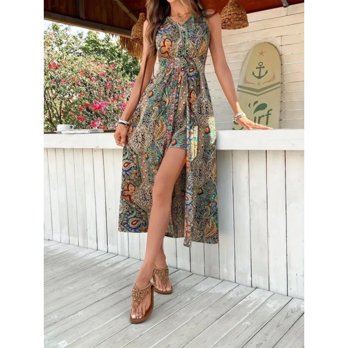 Kadın Kolsuz V Yakalı Desenli Süprem Tulum Elbise