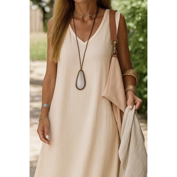 Kadın Kolsuz V Yakalı Maksi Boy Ithal Keten Elbise