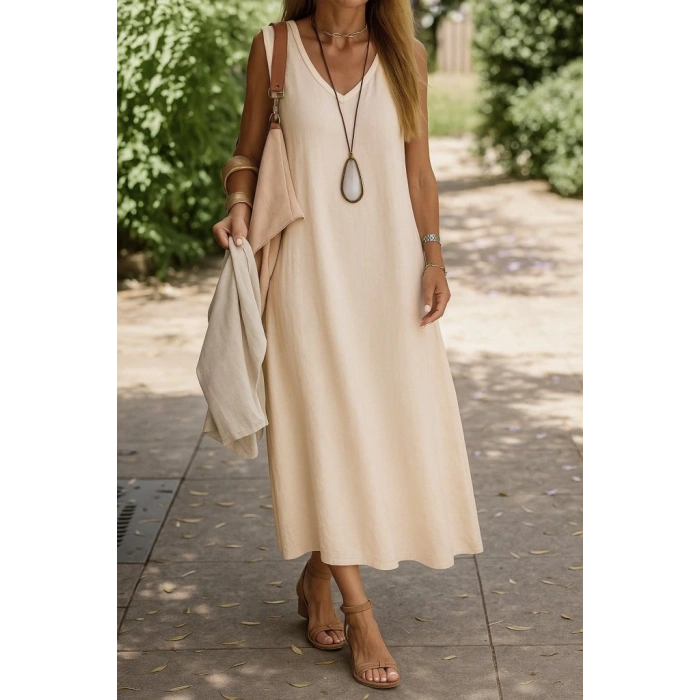 Kadın Kolsuz V Yakalı Maksi Boy Ithal Keten Elbise