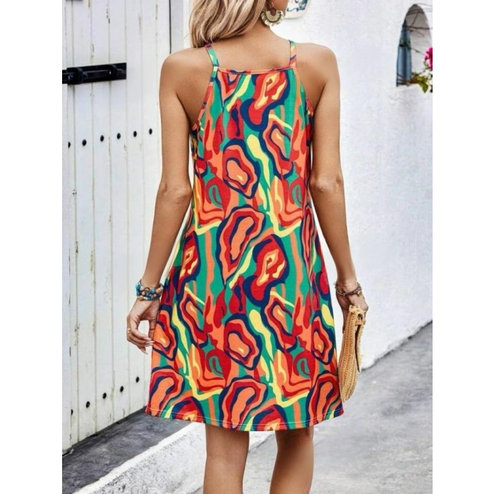 Kadın Kolsuz Yuvarlak Yaka önden çapraz şerit Detay çok Renkli Baskılı Süprem Kısa Elbise