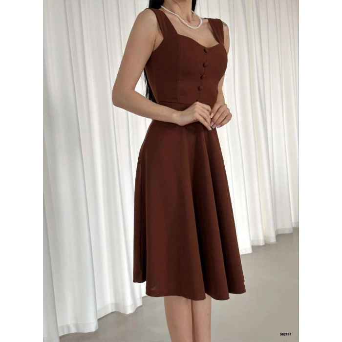 Kadın Krep Kumaş Askılı Kalp Yaka Düğme Detay idi Boy Elbise