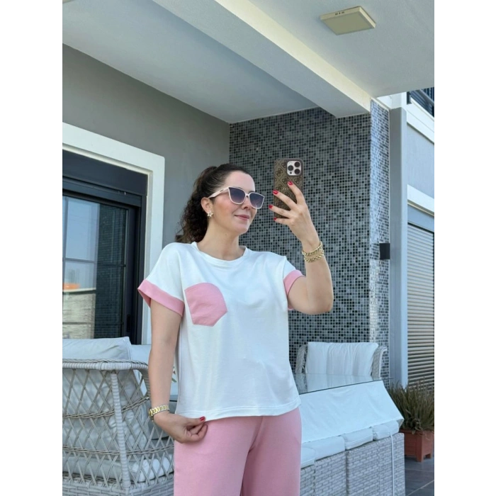 Kadın Kristal Kumaş Garnili Cep Detaylı Ikili Takım