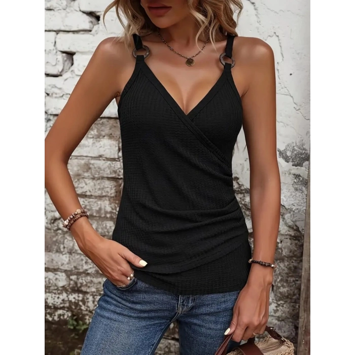 Kadın Kruvaze Yaka Askı Halka Aksesuar Detay Waffle Bluz