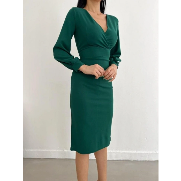 Kadın Kruvaze Yaka Balon Kol idi Boy Elbise