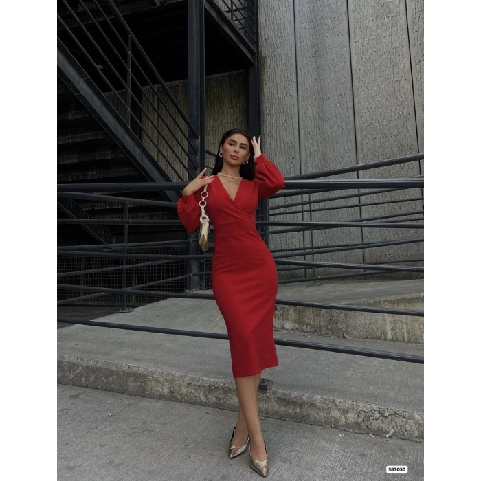 Kadın Kruvaze Yaka Balon Kol imli Krep Kumaş idi Boy Elbise