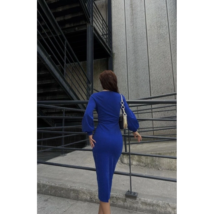 Kadın Kruvaze Yaka Balon Kol imli Krep Kumaş idi Boy Elbise