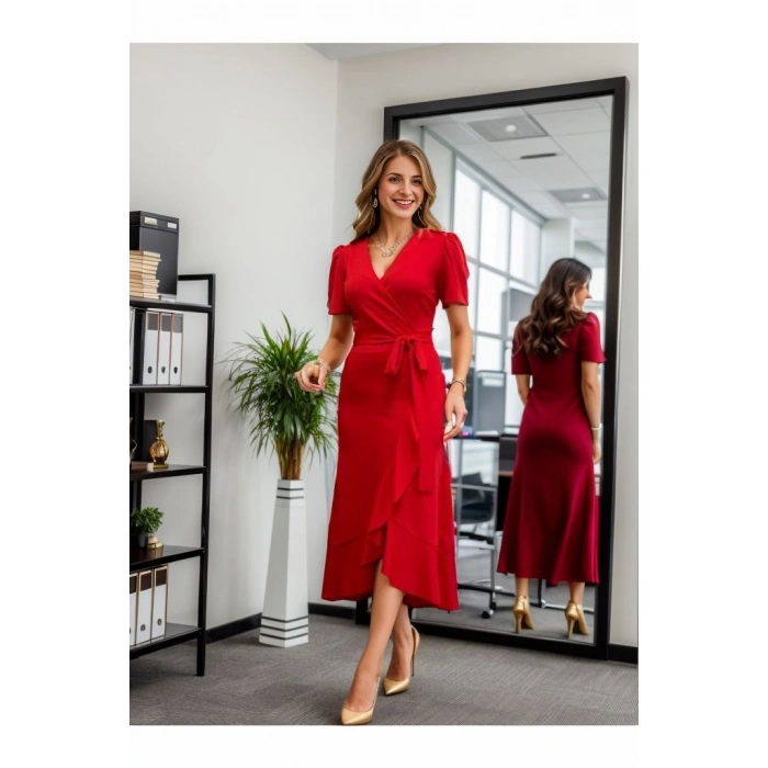 Kadın Kruvaze Yaka idi Boy Kuşaklı Krep Elbise 120 Cm