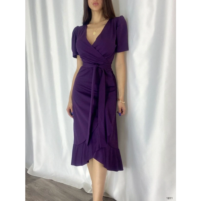 Kadın Kruvaze Yaka idi Boy Kuşaklı Krep Elbise 120 Cm