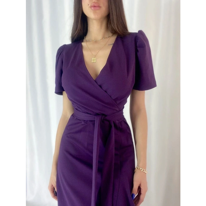 Kadın Kruvaze Yaka idi Boy Kuşaklı Krep Elbise 120 Cm