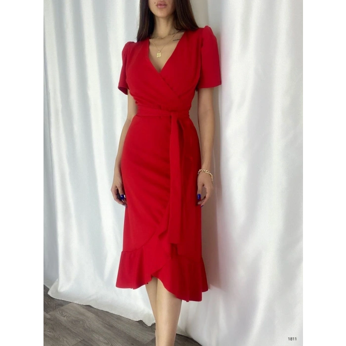 Kadın Kruvaze Yaka idi Boy Kuşaklı Krep Elbise 120 Cm