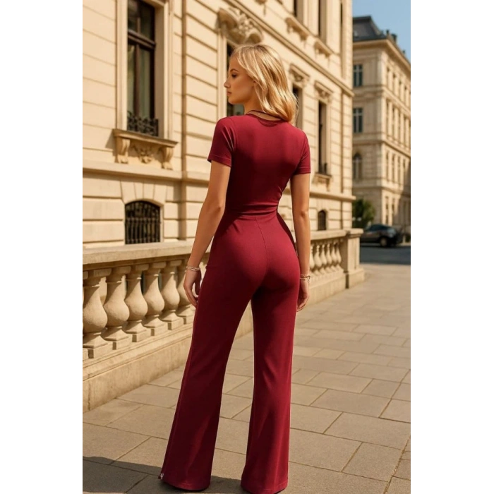 Kadın Kruvaze Yaka Kısa Kollu Kuşaklı Tulum