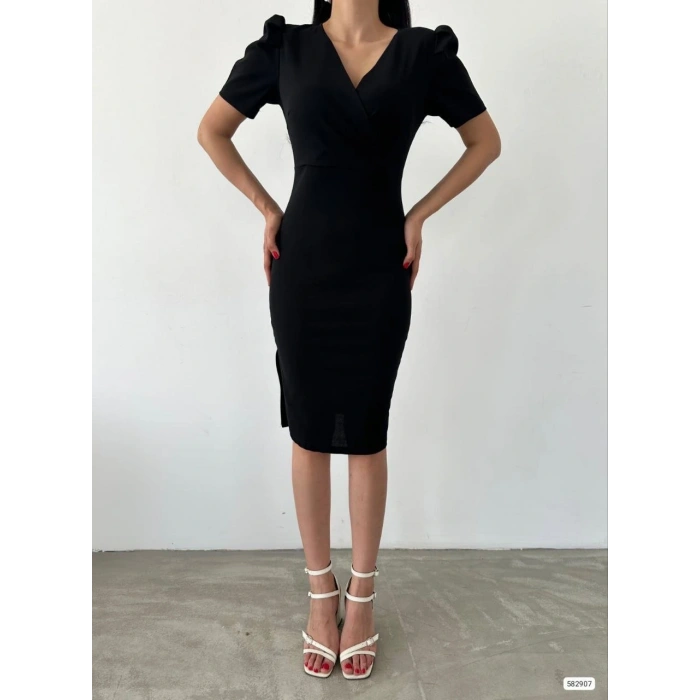 Kadın Kruvaze Yaka Yandan Yırtmaç Detaylı cuba Krep Kumaş Midi Boy Elbise