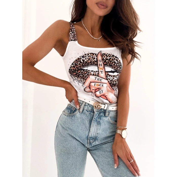 Kadın Leopar Askılı Leopar Baskılı Mikro Kumaş Bluz