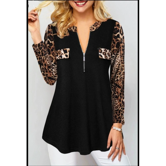 Kadın Leopar Desen Fermuar Detay Viskon Kumaş Bluz