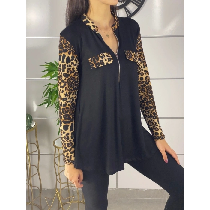 Kadın Leopar Desen Fermuar Detay Viskon Kumaş Bluz