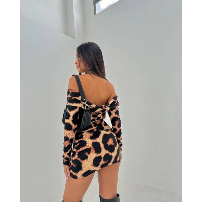 Kadın adonna endil Yaka Leopar Desen ini Elbise