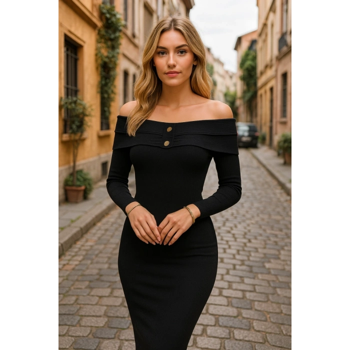 Kadın Madonna Yaka Düğme Detay Fırsat ürün Midi Boy Elbise