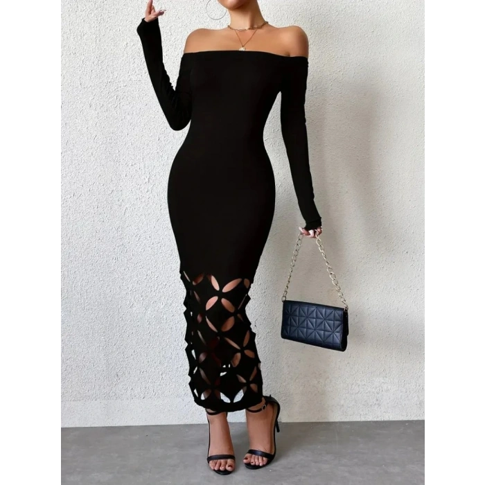 Kadın Madonna Yaka Uzun Kollu Lazer çiçek Kesim Detaylı Uzun Ithal Krep Elbise