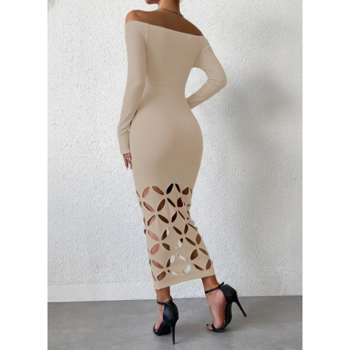 Kadın Madonna Yaka Uzun Kollu Lazer çiçek Kesim Detaylı Uzun Ithal Krep Elbise