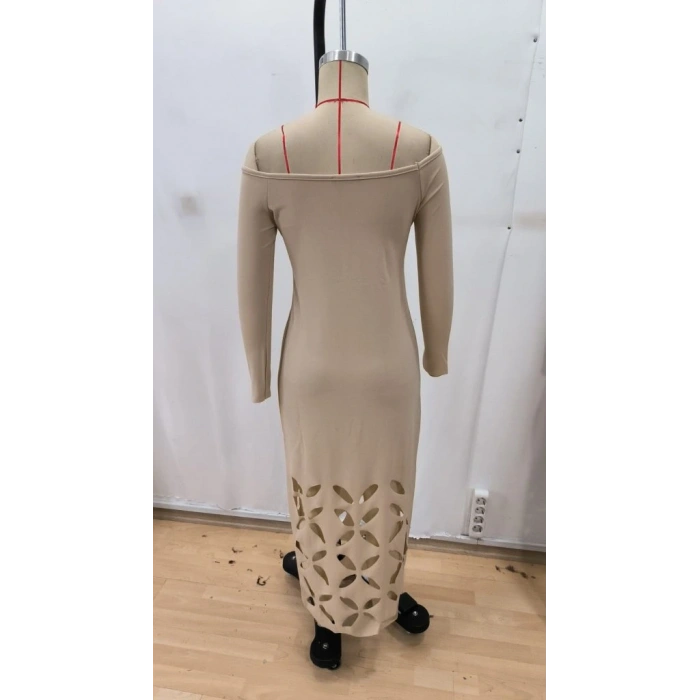 Kadın Madonna Yaka Uzun Kollu Lazer çiçek Kesim Detaylı Uzun Ithal Krep Elbise