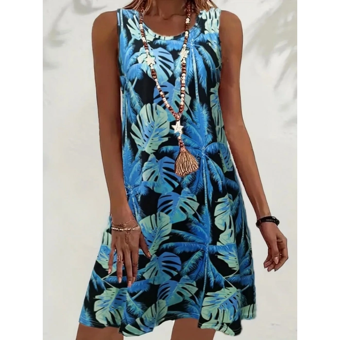 Kadın Mavi Yaprak Baskılı Askılı Süprem Elbise