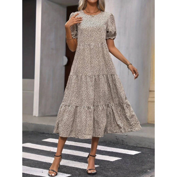 Kadın Mini Leopar Desen Midi üç Kat Elbise