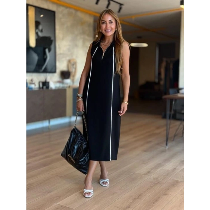 Kadın Modal Kumaş şerit Detaylı Fermuarlı Midi Elbise