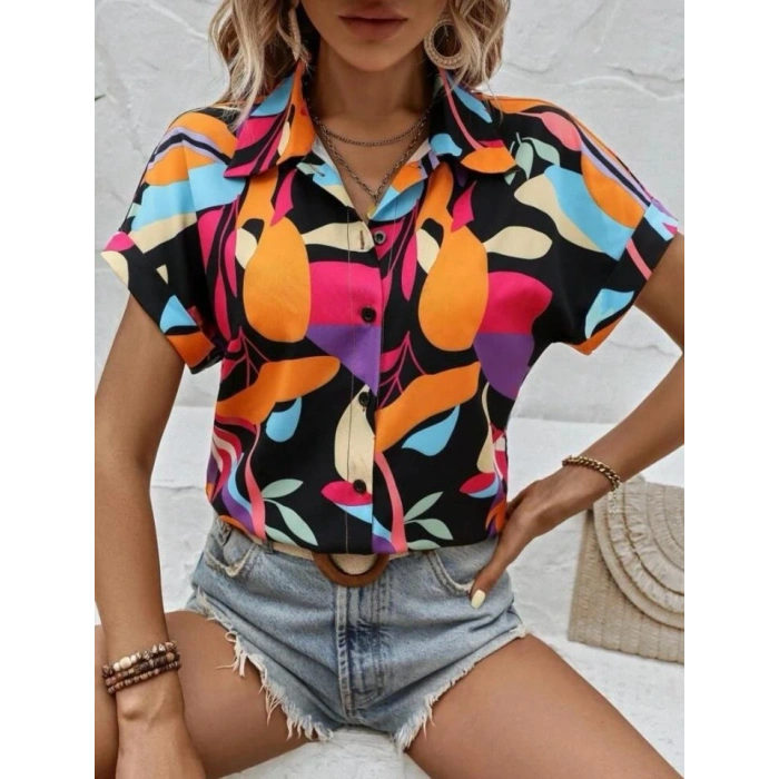 Kadın Moss Krep Kumaş Kısa Kol Çiçek Desenli Gömlek