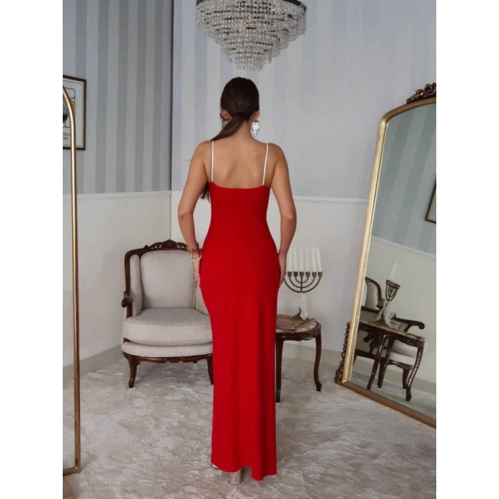 Kadın Omuz Askılı Derin Yırtmaç Detay Maxi Boy Elbise