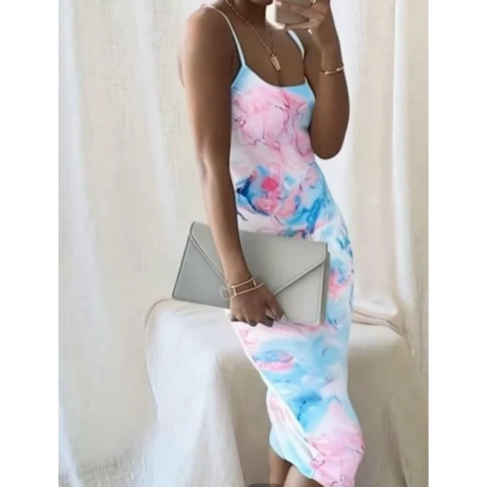 Kadın Omuz Askılı Dijital Baskılı Midi Boy Elbise